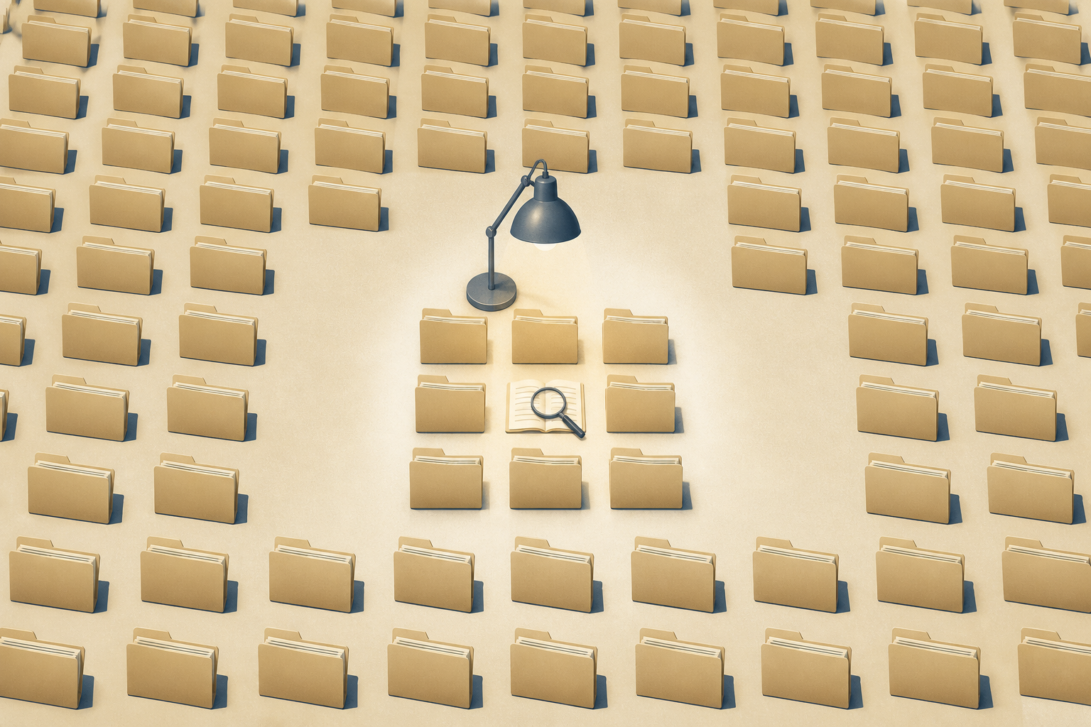 A large field of identical folders surrounds a small group placed under an inspection lamp, with one folder open beneath a magnifying lens.