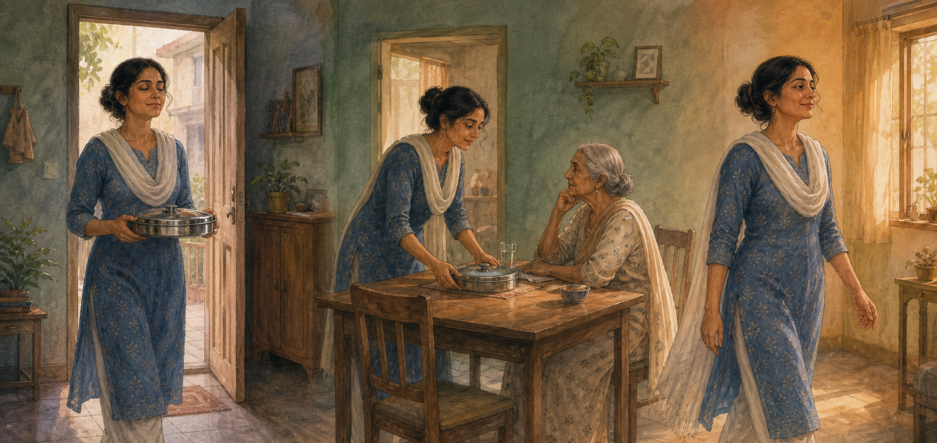 Three connected moments show a woman pausing before serving a meal, listening to an elderly relative, and leaving with empty hands.