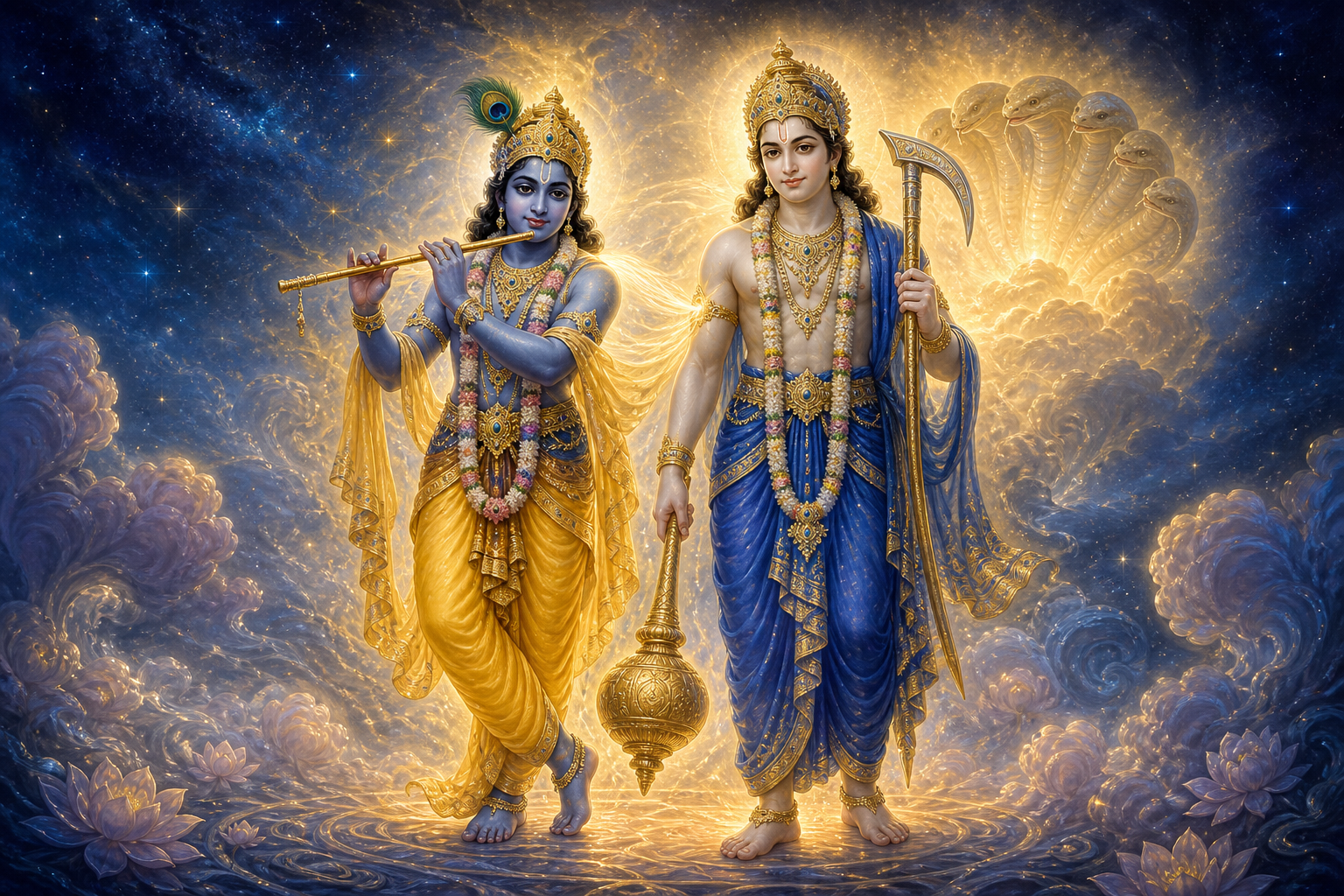 Krishna and fair-complexioned Balarama stand as distinct figures within one field of radiance, with a many-hooded serpent form appearing subtly behind Balarama.