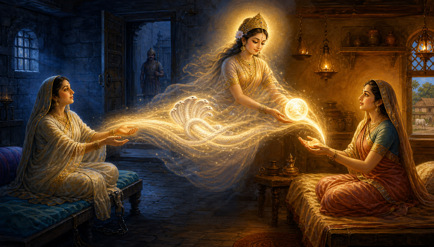A luminous Yogamaya carries a symbolic sphere of divine life from Devaki in a prison chamber toward Rohini in a peaceful Gokula home.