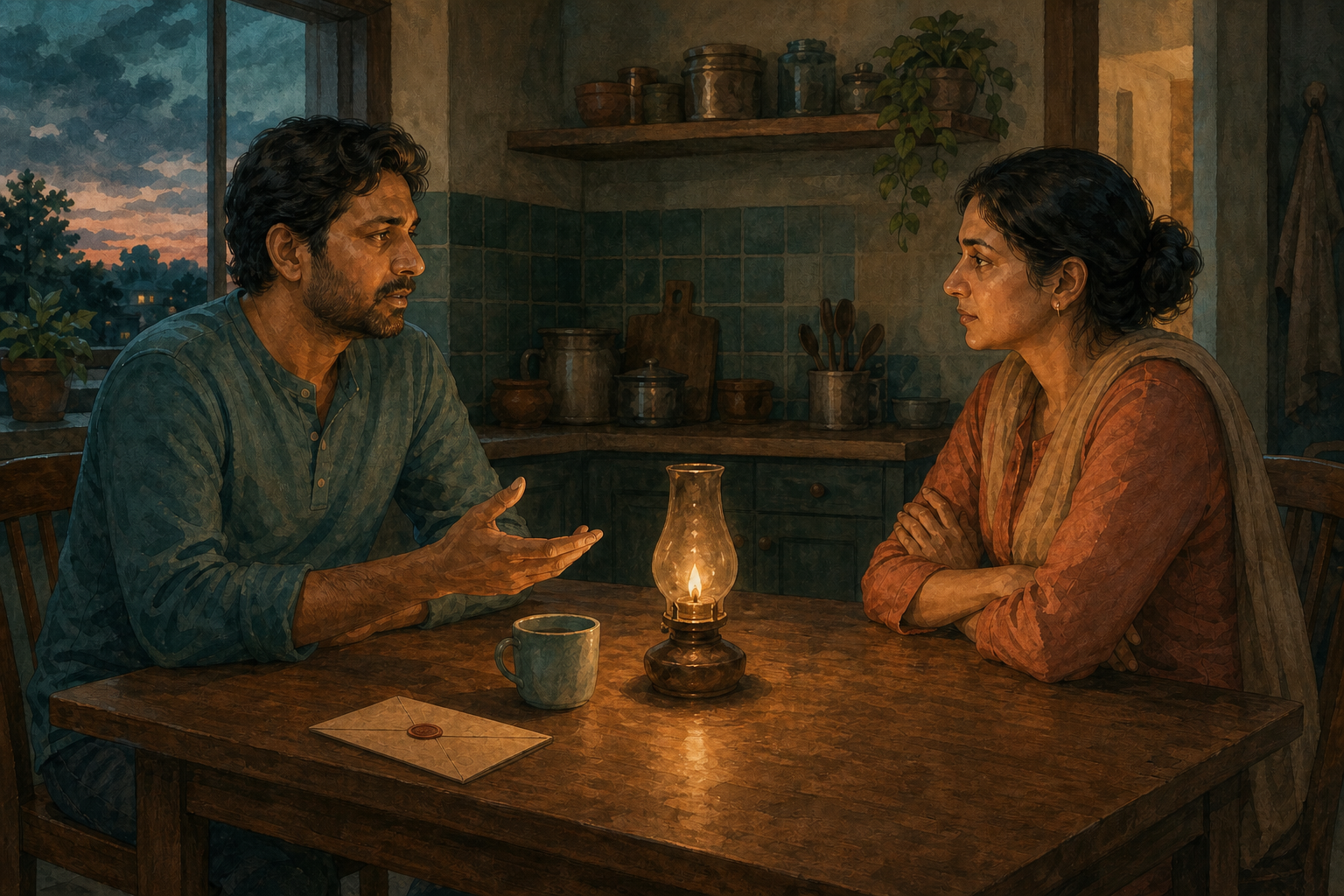 Two adults have a serious conversation across a kitchen table while a sealed envelope rests beside an open hand.
