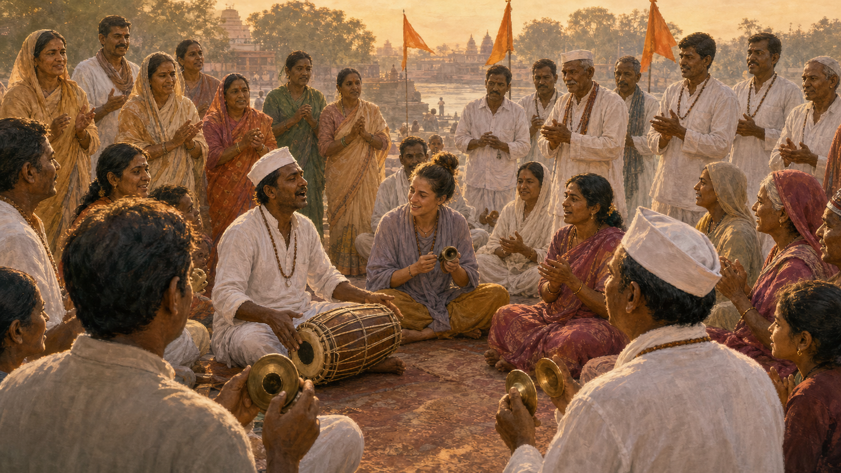Varkari devotees and visitors participate in a kirtan with clapping, hand cymbals, and a drum in a Dehu courtyard near the Indrayani River.