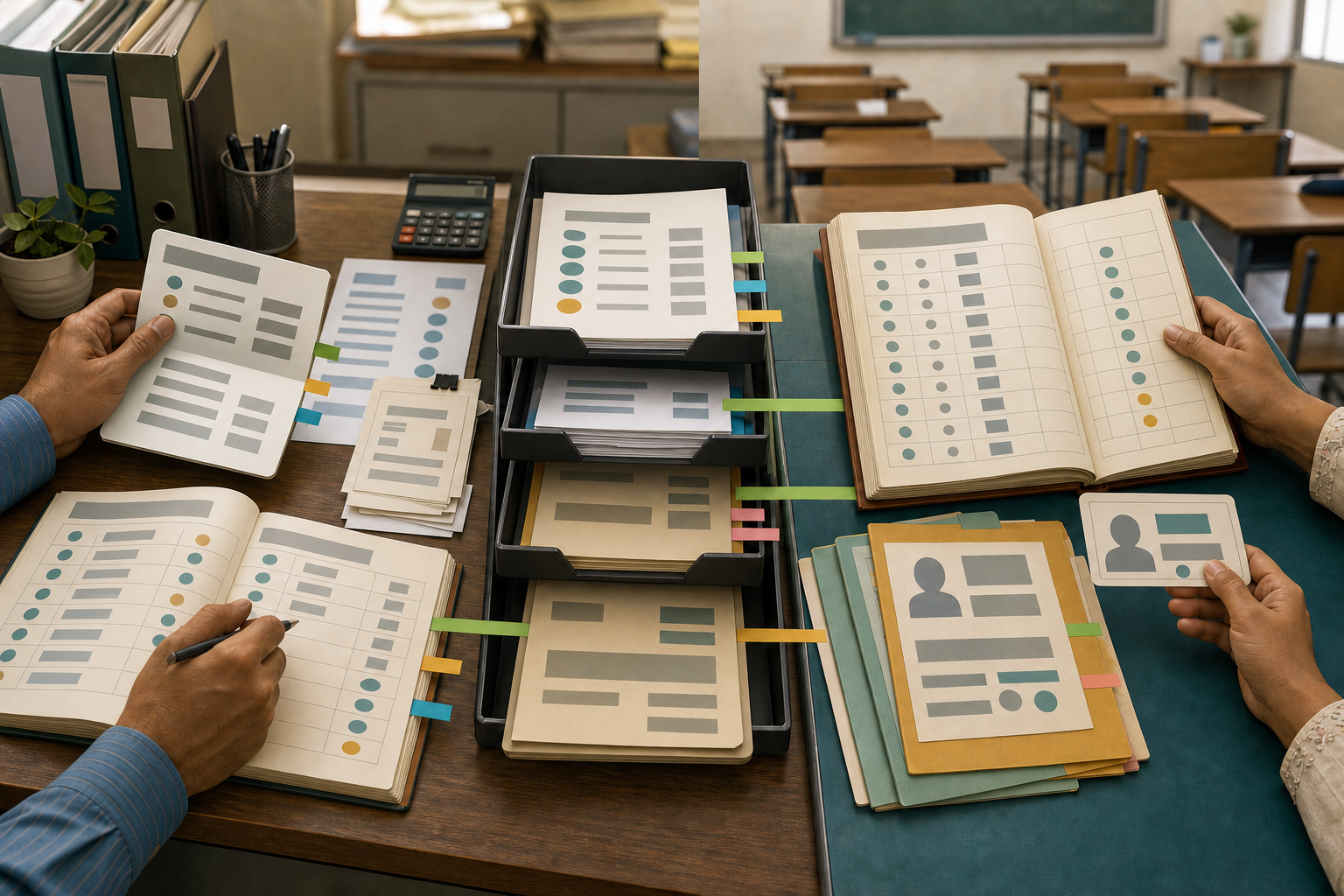 Hands compare bank records and receipts on one side of a desk and attendance and enrollment files on the other.