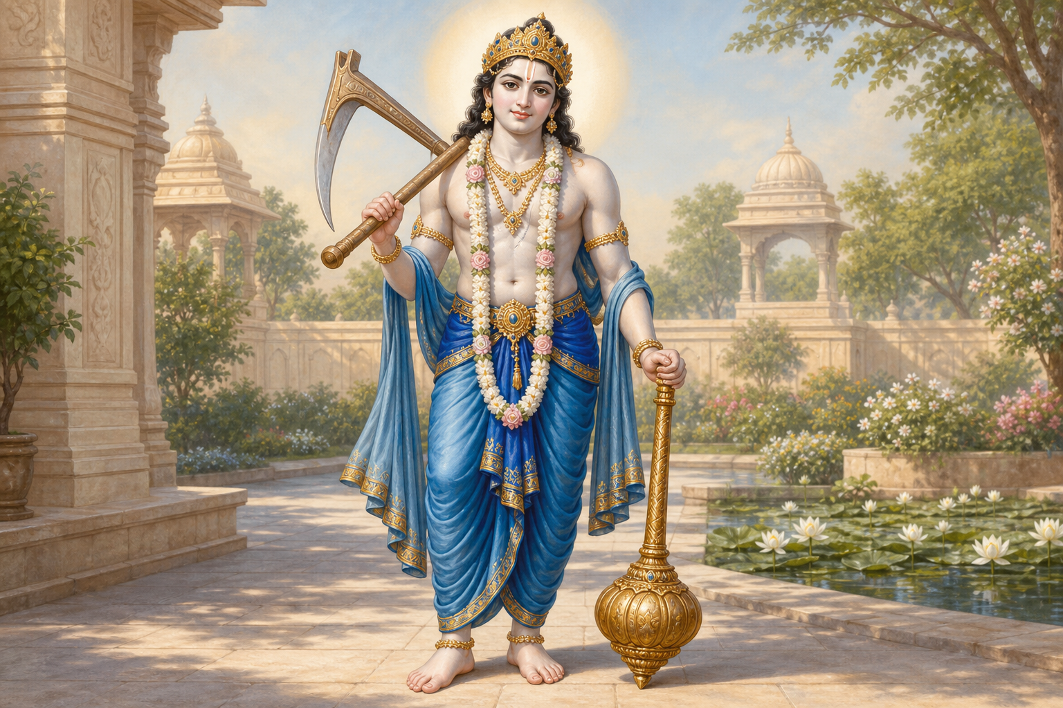 Lord Balarama appears as a fair-complexioned, broad-shouldered figure in blue garments holding a curved plough and a ceremonial mace.