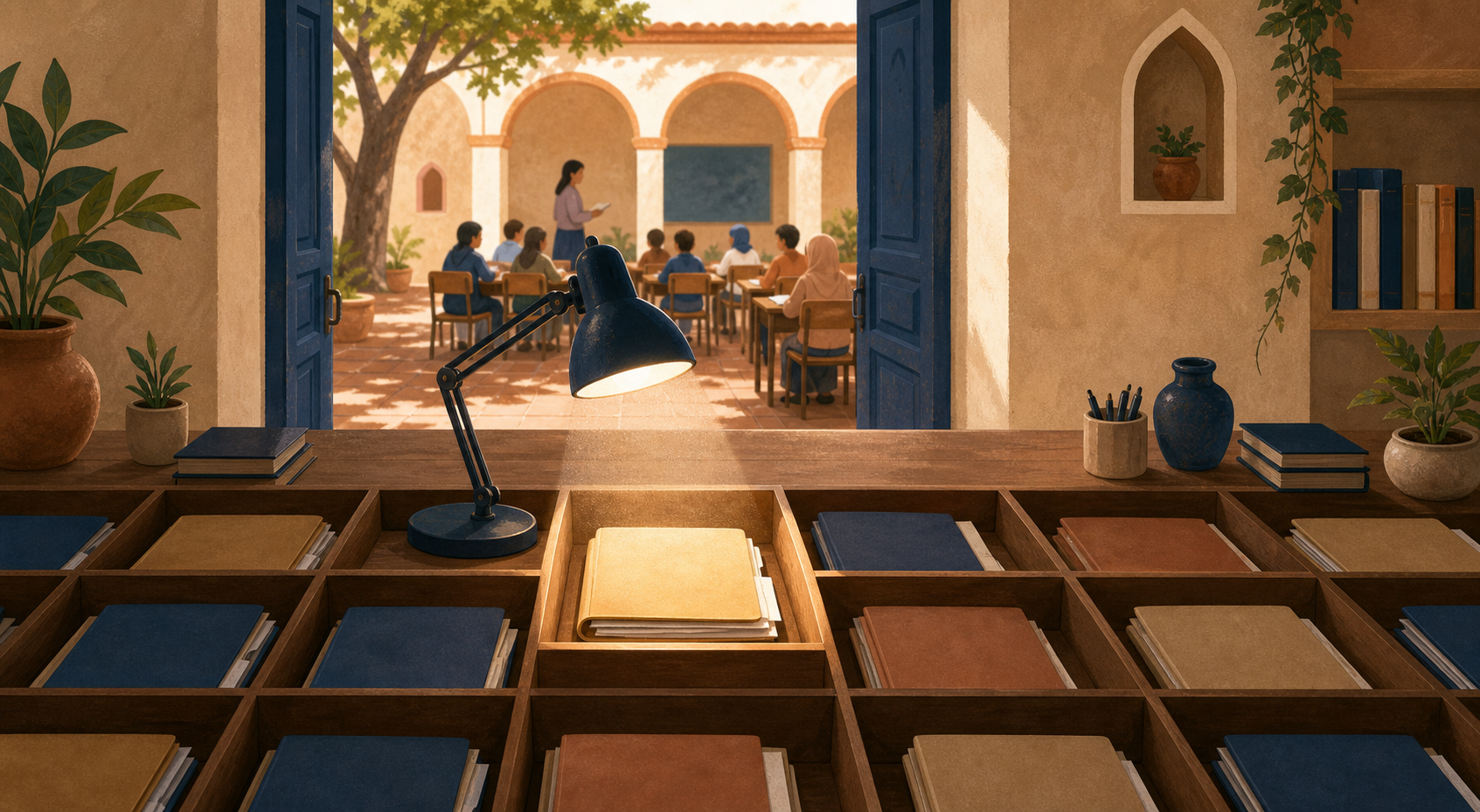 Separate school files sit in individual compartments while one file is reviewed under a lamp and a classroom continues in the background.