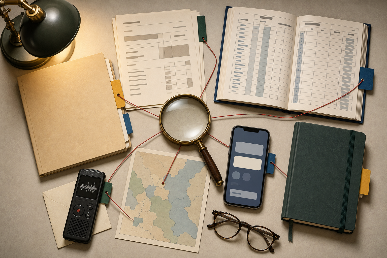 A magnifying glass is surrounded by organized documents, bank pages, a school register, a map, a recorder, a phone, and a notebook on a verification desk.
