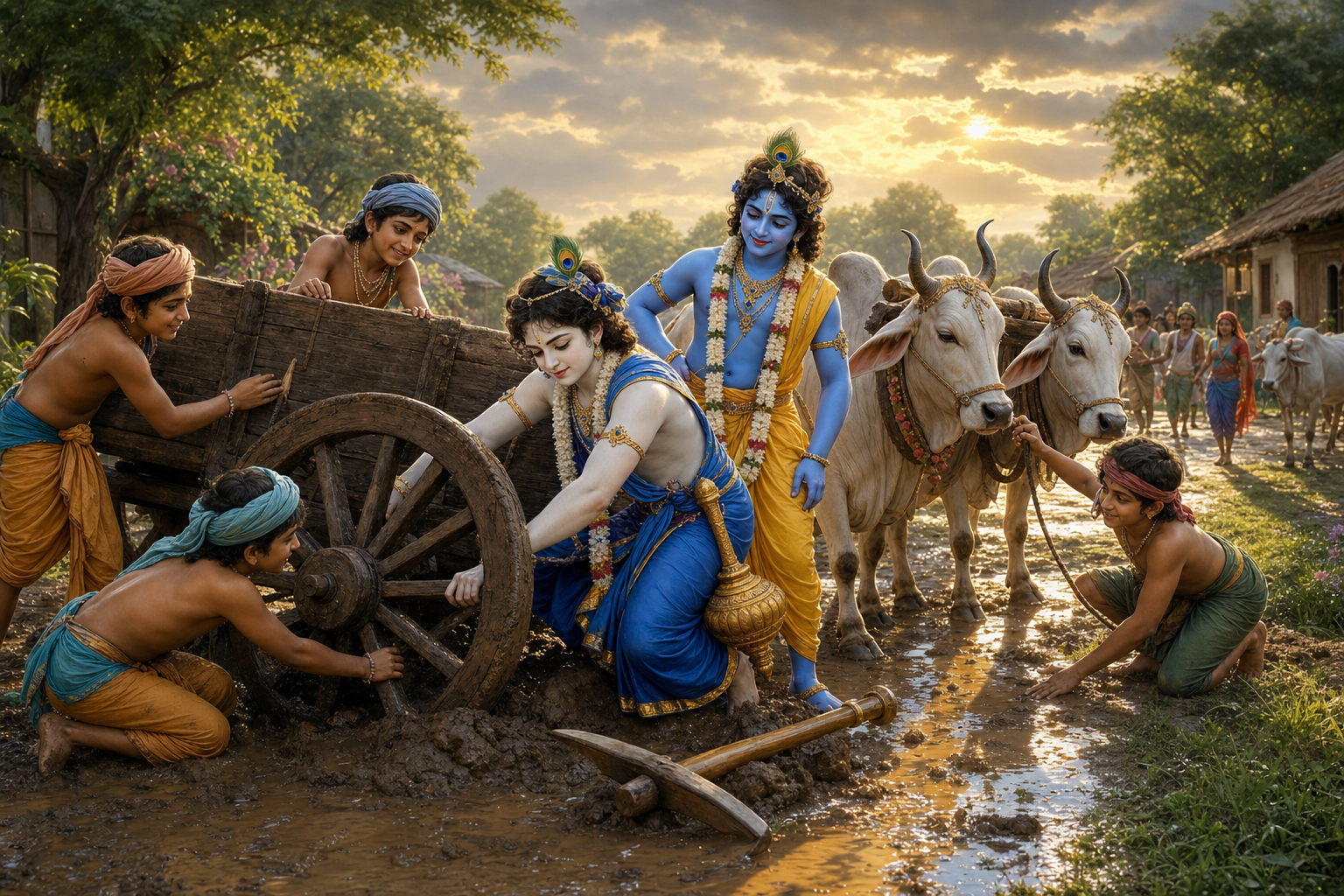 Balarama helps free a wooden cart wheel from a muddy Vrindavan path while Krishna, cowherd companions, oxen, and cows gather nearby.