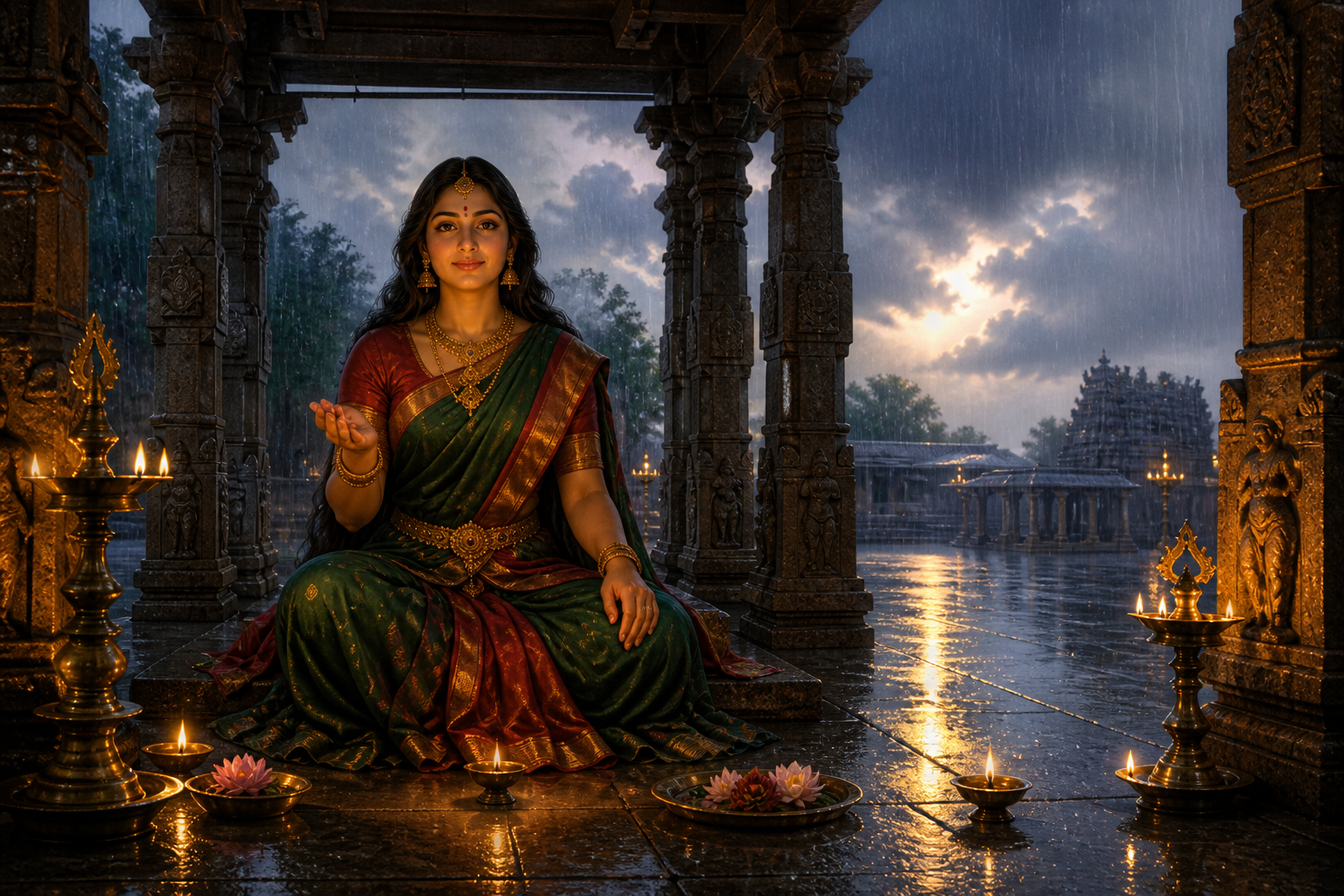 A serene South Indian goddess sits beneath a stone temple mandapa as Aippasi monsoon rain falls in a lamp-lit courtyard.