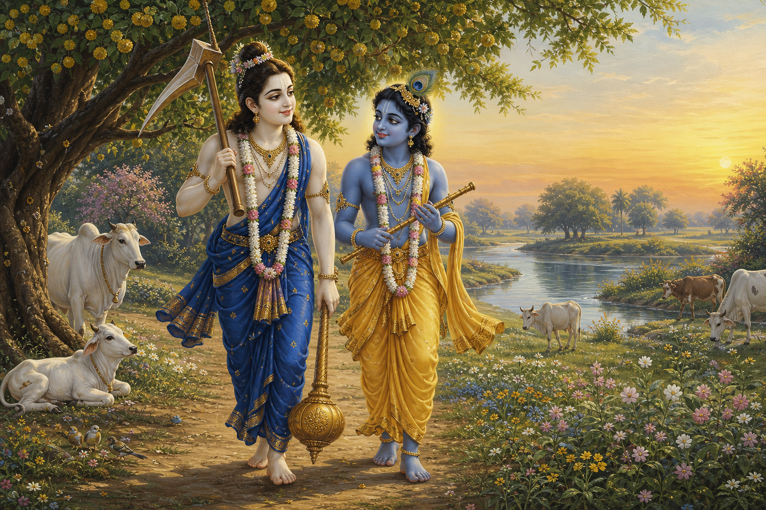 Lord Balarama carries a plough while walking beside Krishna among cows and flowering trees near the Yamuna River in Vrindavan.