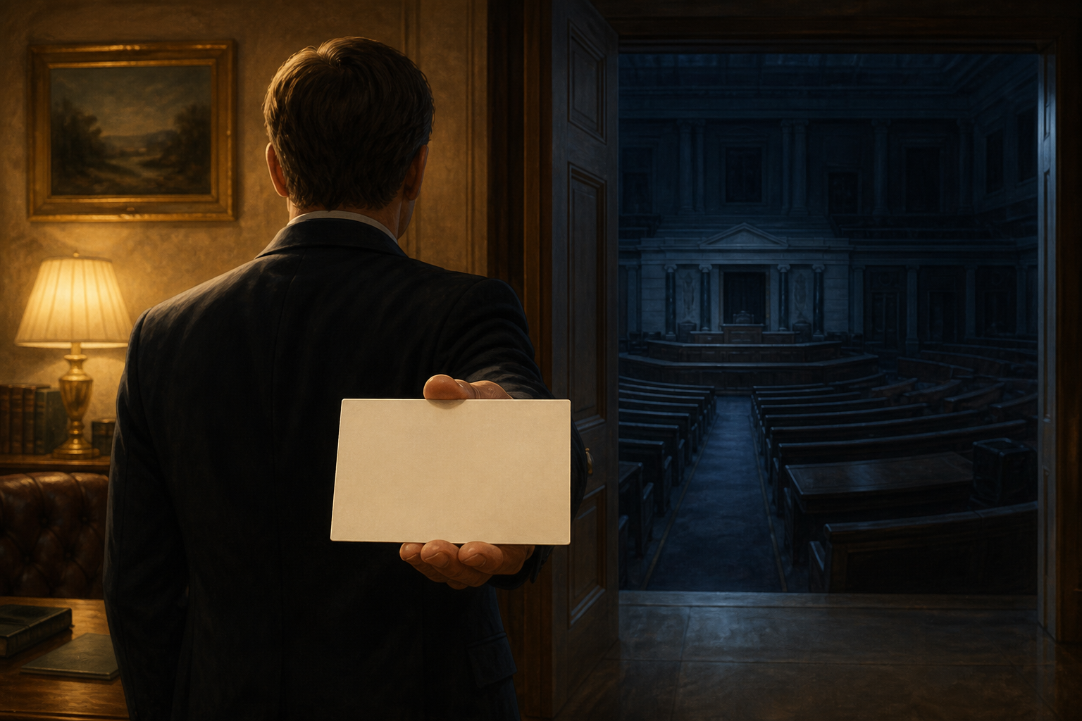 A single anonymous legislator presents an unmarked card in a congressional office while an empty legislative chamber remains in the background.