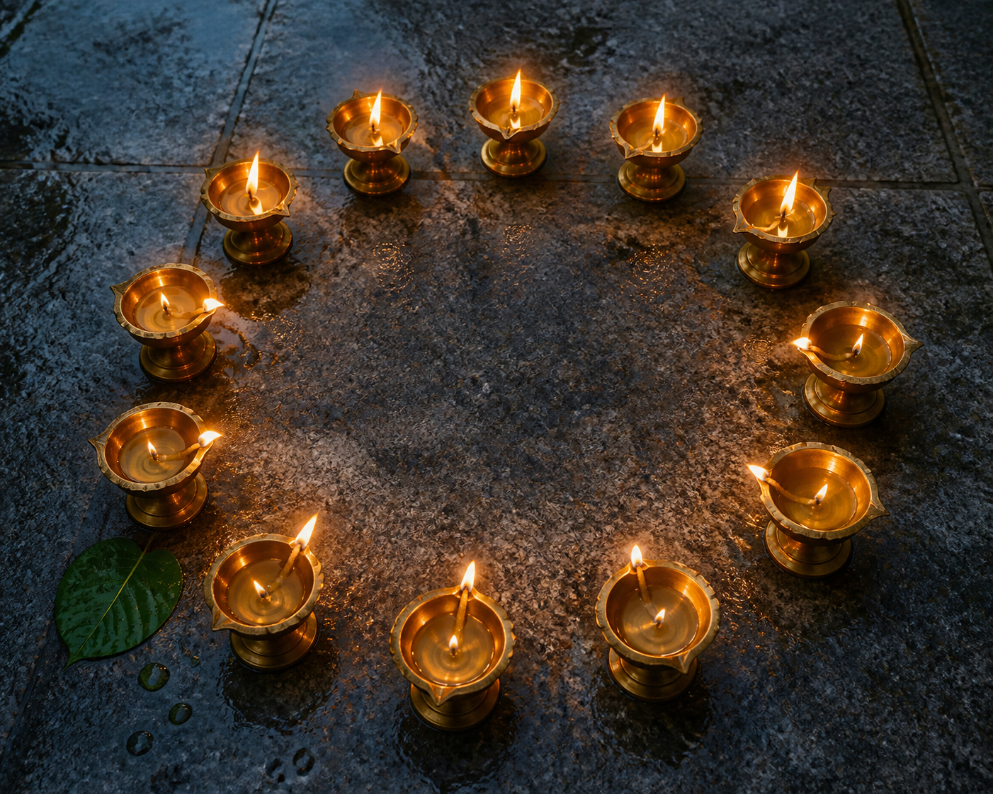 Twelve brass oil lamps form a circle on a granite floor, with rain droplets and a green leaf beside one lamp.