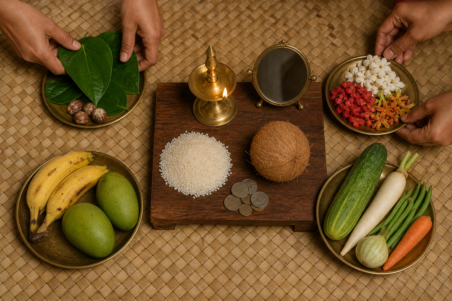 Hands arrange a simple Bisu Kani with a brass lamp, mirror, rice, coconut, fruit, vegetables, betel leaves, flowers and coins.