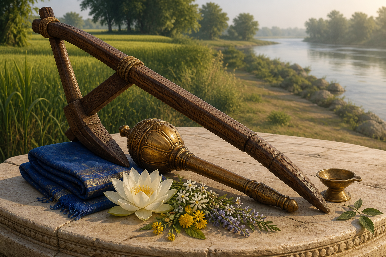 A plough and mace lie with blue cloth, a white lotus and forest flowers on a stone platform beside a field and riverbank.