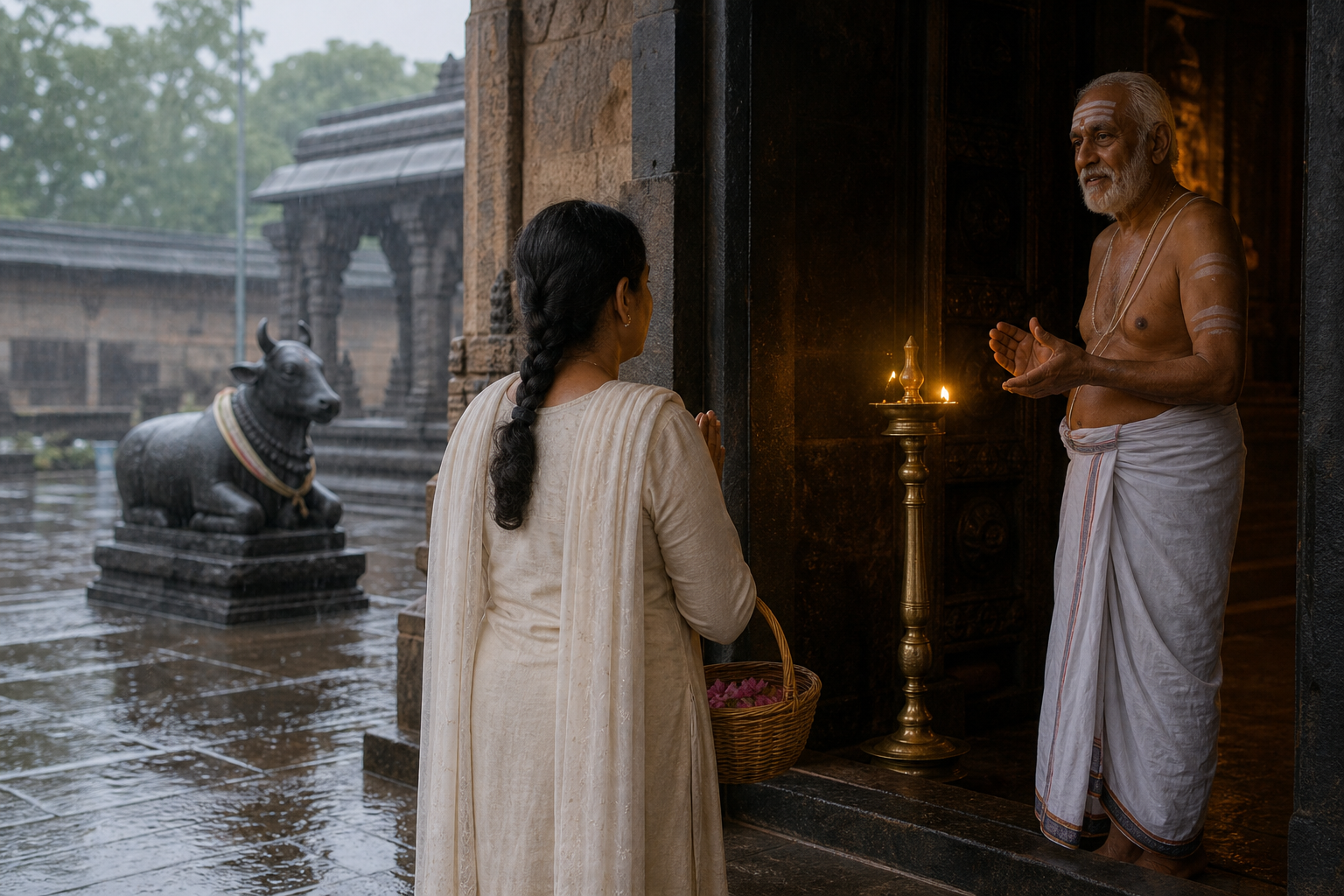 A devotee with a flower basket speaks with a temple priest beside a brass lamp at the entrance of a rain-wet Shaiva temple.