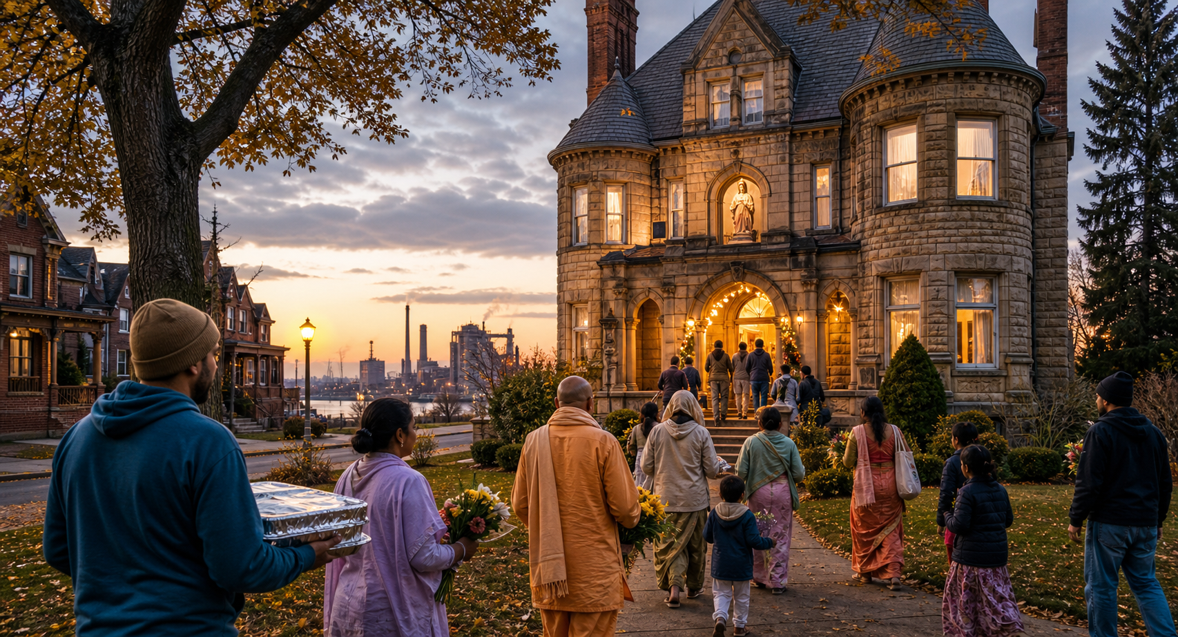 Devotees and neighbors approach a warmly lit Hindu temple in a historic residence within a Detroit-area urban neighborhood.
