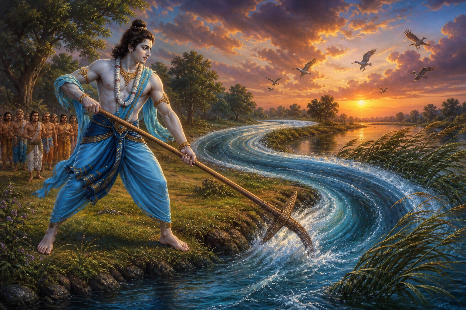 Lord Balarama stands on a riverbank and uses his plough as the Yamuna curves toward him while companions watch from a distance.