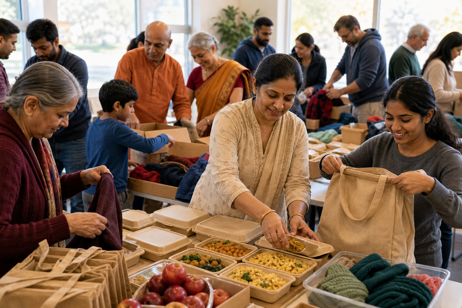 Devotees and neighborhood volunteers assemble vegetarian meals, sort clothing, and prepare community supplies together in a bright hall.