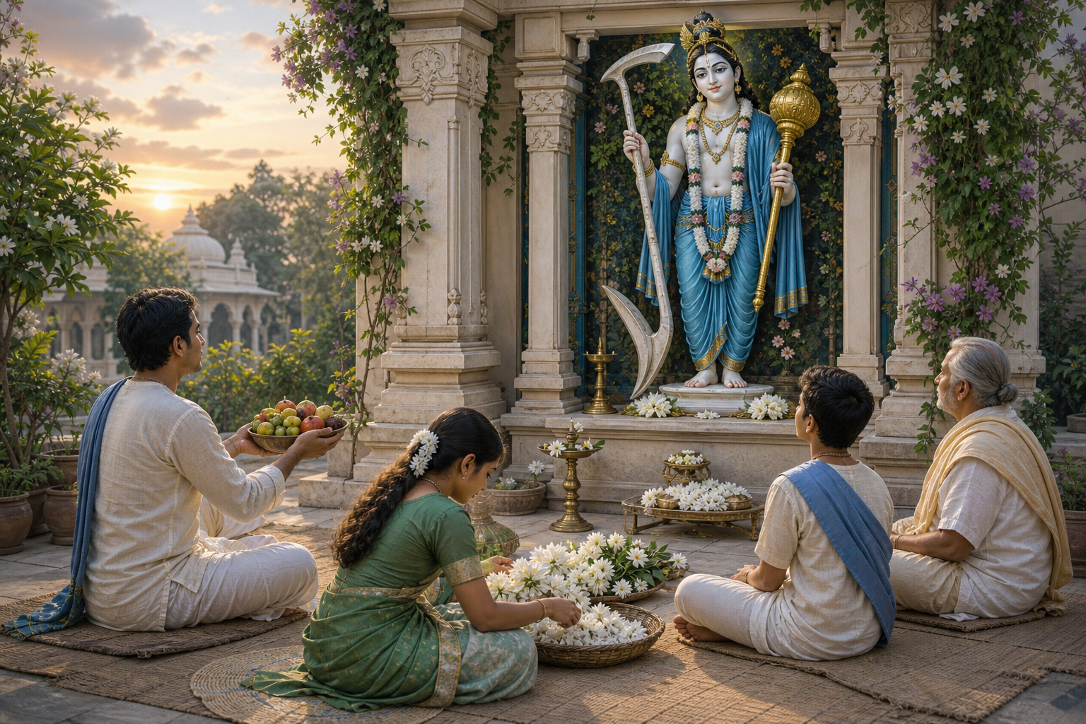 Devotees offer fruit and white flowers before a shrine image of Lord Balarama holding a plough and mace in an open temple courtyard.