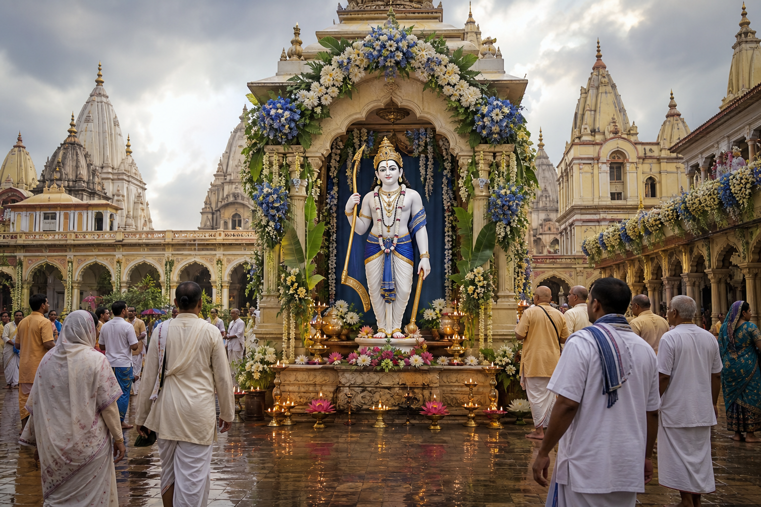 Devotees gather in a flower-decorated Mayapur temple courtyard before a stylized shrine of Lord Balarama holding a plough.