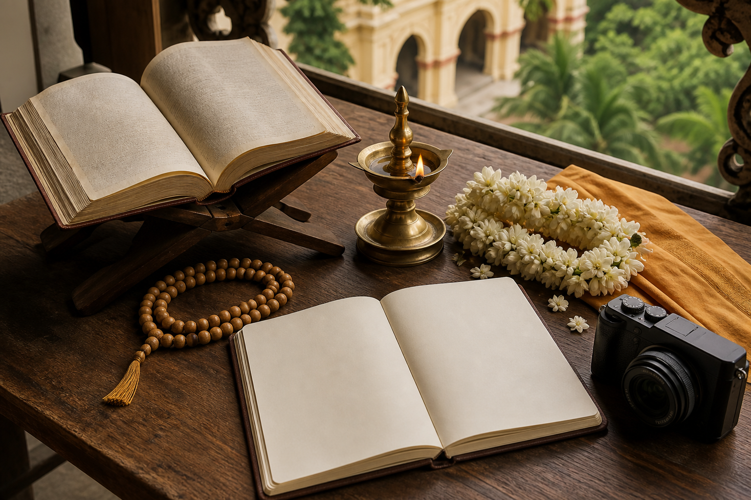 An open scripture, prayer beads, oil lamp, jasmine garland, camera, and blank planner rest on a wooden veranda table.