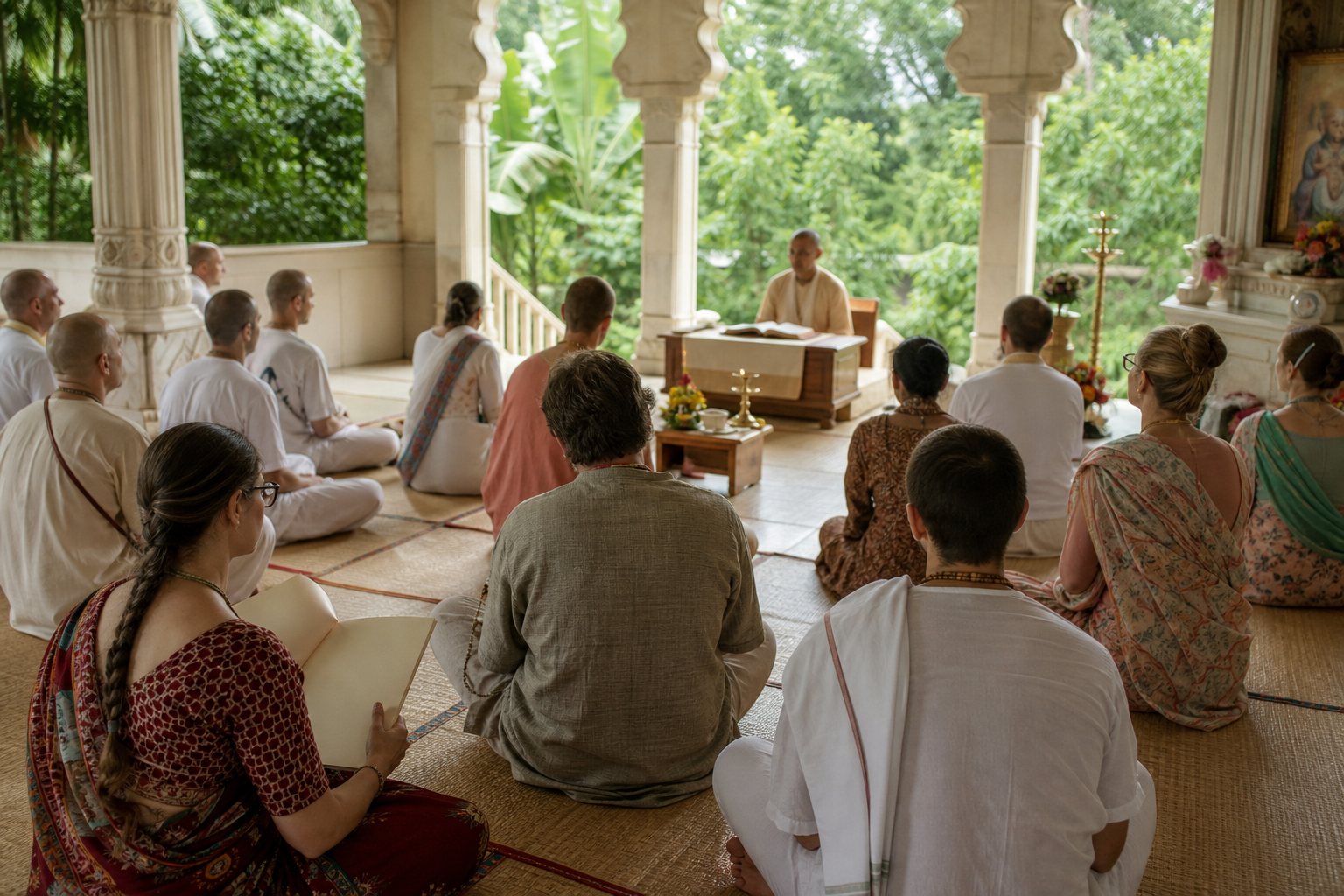 Devotees seated on woven mats listen to a morning scripture class in an open-sided Mayapur temple hall.