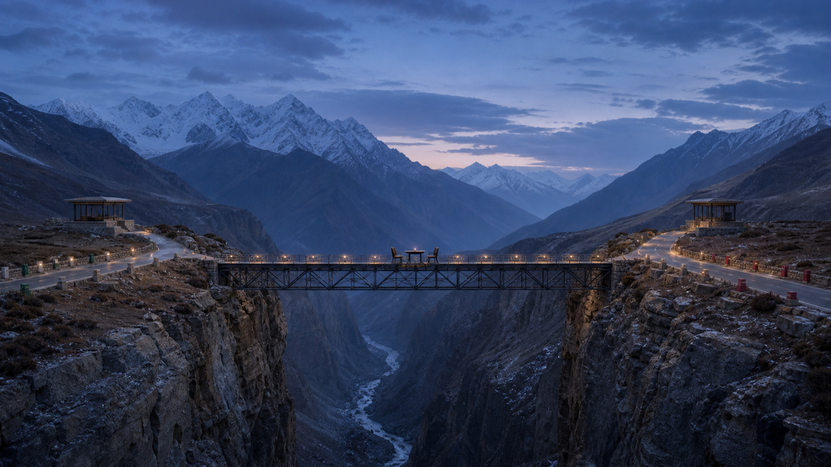 A narrow illuminated bridge links two high Himalayan plateaus above a deep fissure, with an empty negotiation table and two chairs at its midpoint.