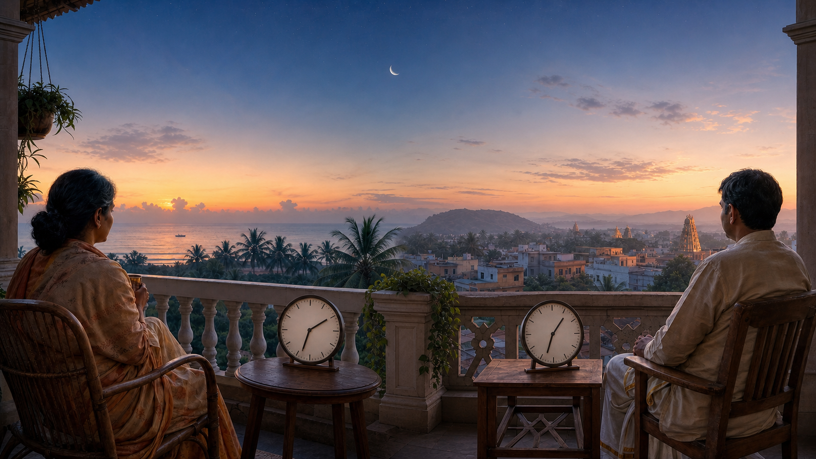 Two household balconies overlook different dawn horizons, each with a devotee and a tick-mark analog clock showing a different time.