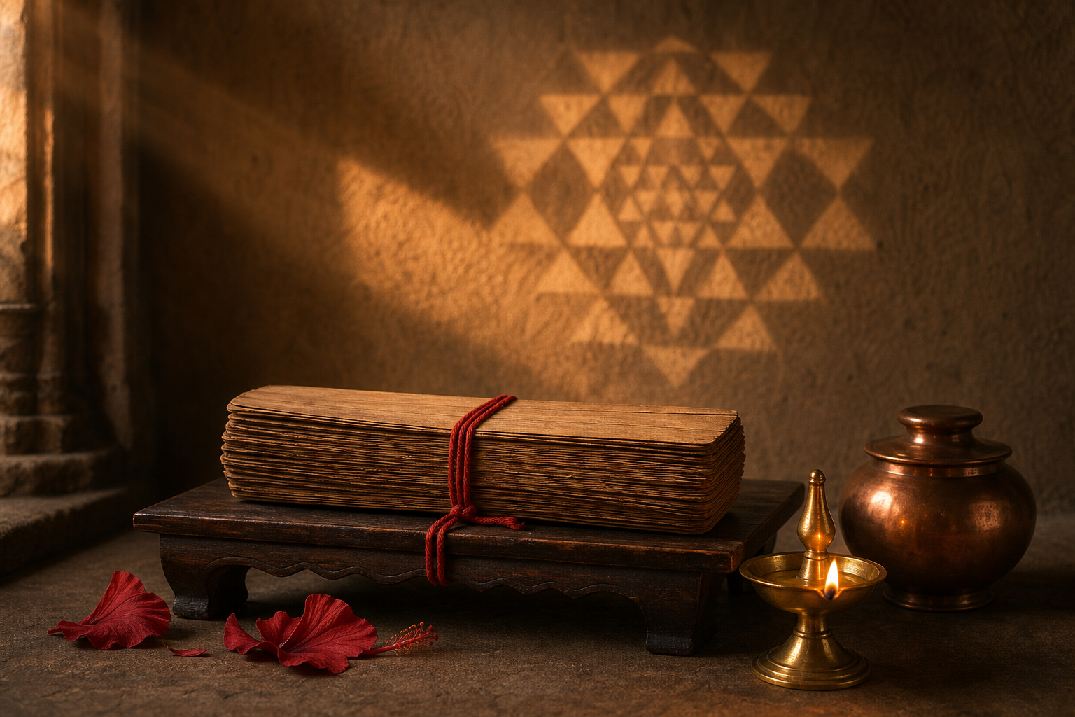 Palm-leaf manuscript bundle on a wooden stand beside a brass oil lamp, hibiscus petals, and a copper vessel, with a geometric pattern formed by light on the wall.