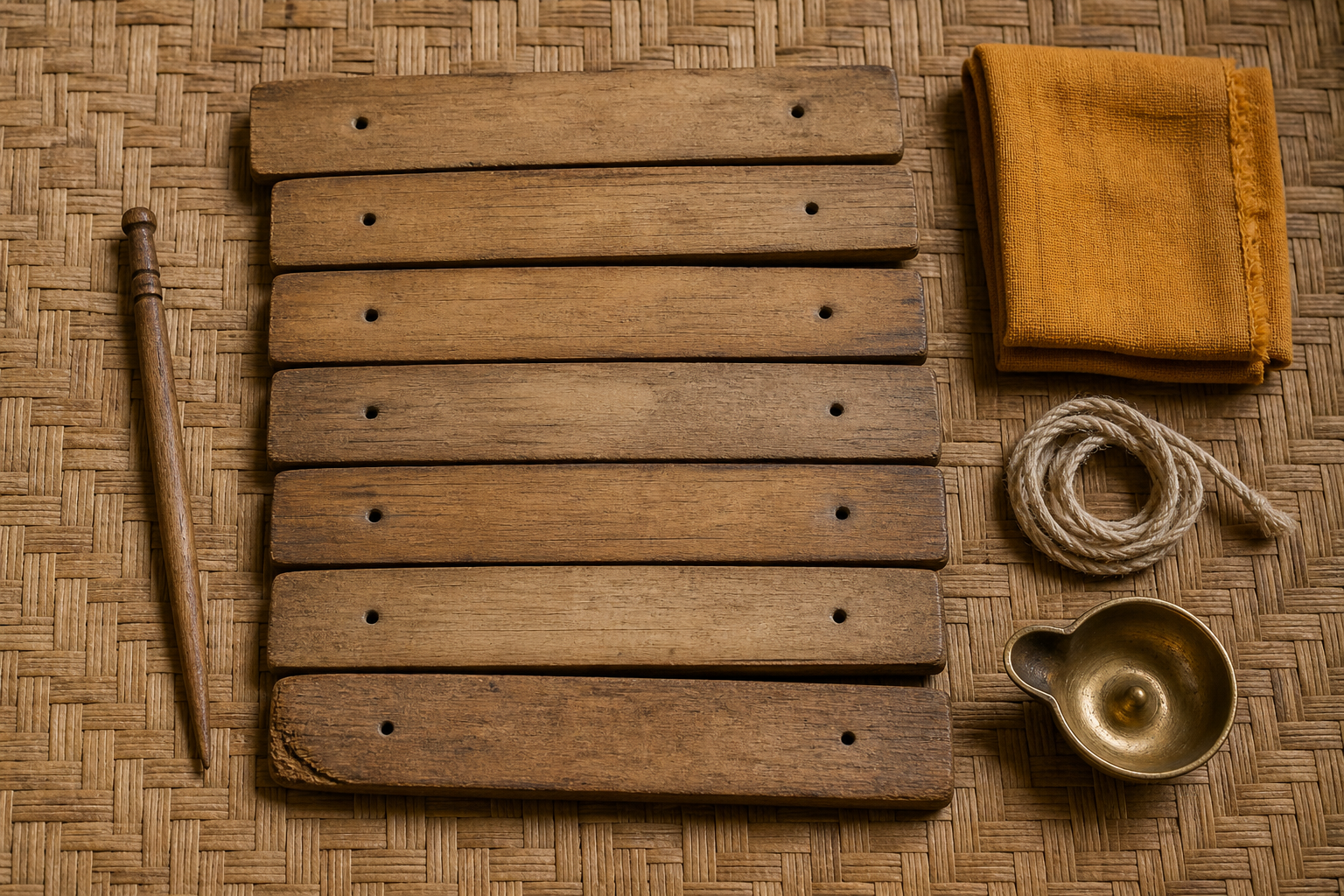 Weathered palm-leaf folios with binding holes arranged beside a wooden stylus, cotton cord, folded cloth, and a small brass lamp.