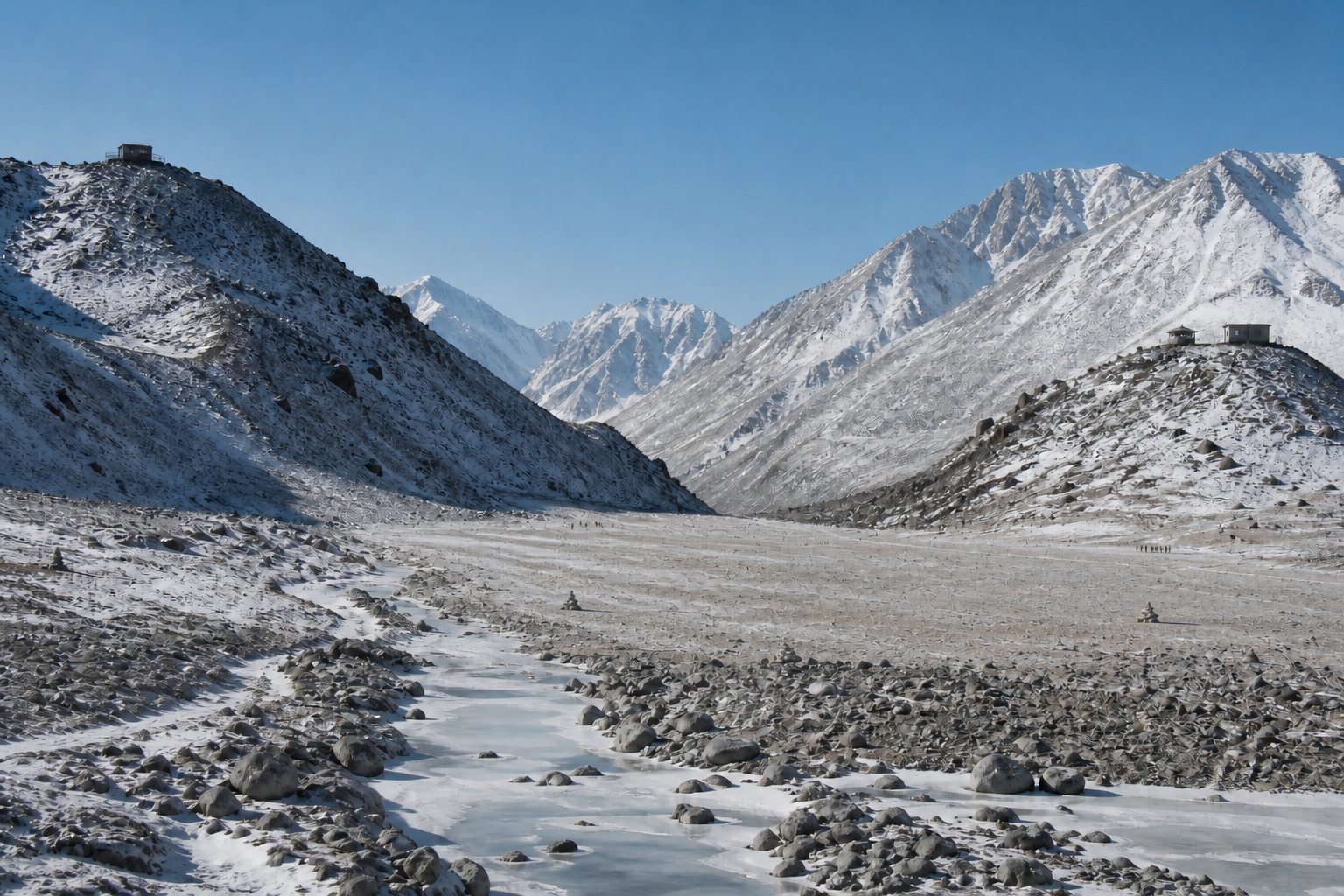 Two distant patrol groups and their tracks remain separated by an empty snow-covered buffer area in a high Himalayan valley.