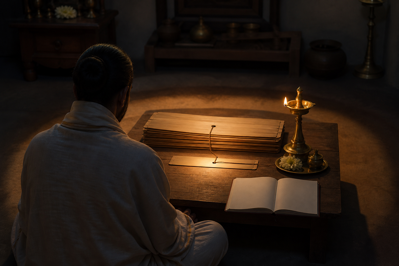 A seated reader studies a palm-leaf manuscript while three nested pools of lamplight emphasize the whole bundle, its sequence, and one detail.