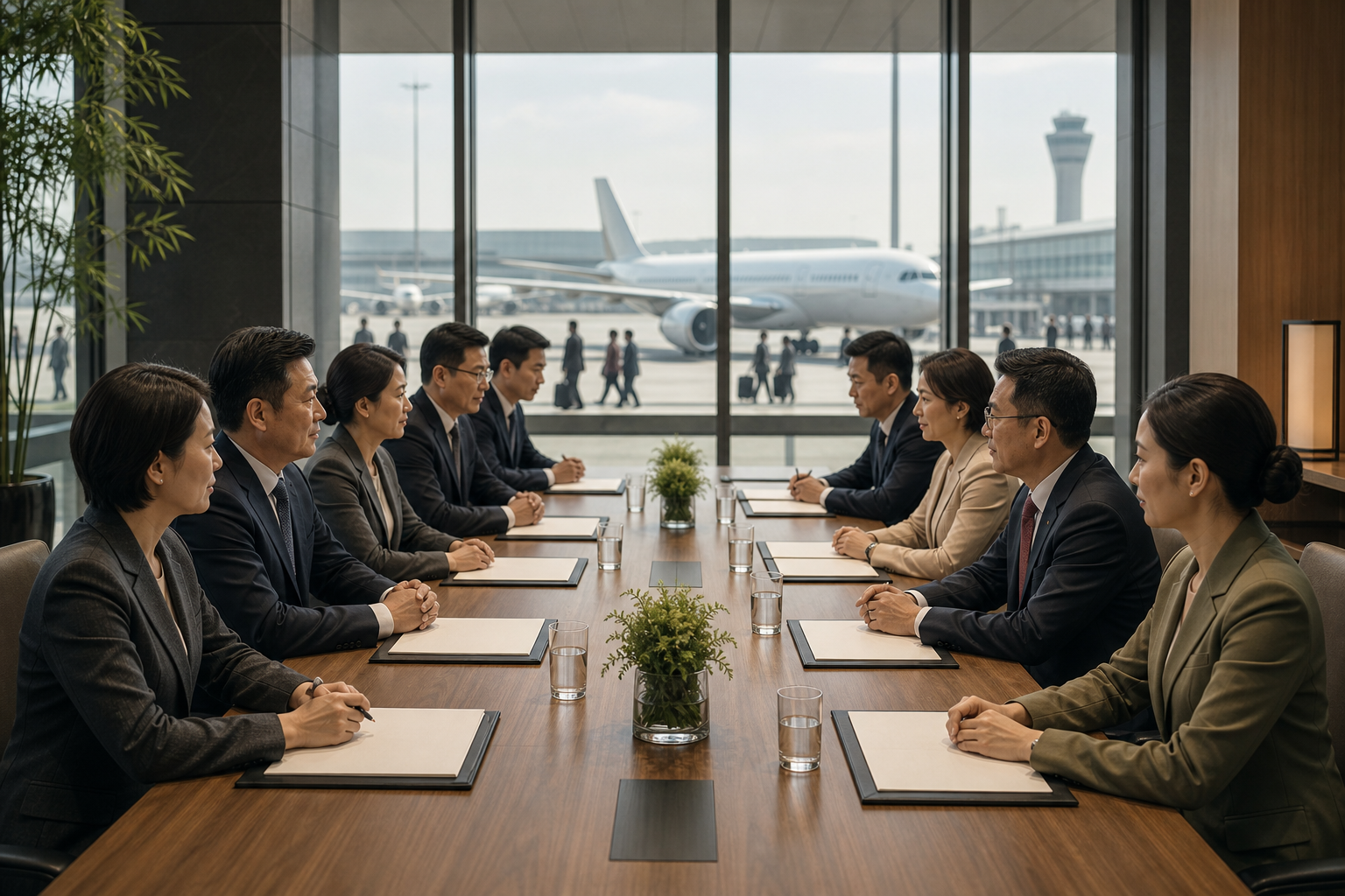 Two diplomatic delegations meet across a conference table as a passenger aircraft taxis outside the glass-walled room.