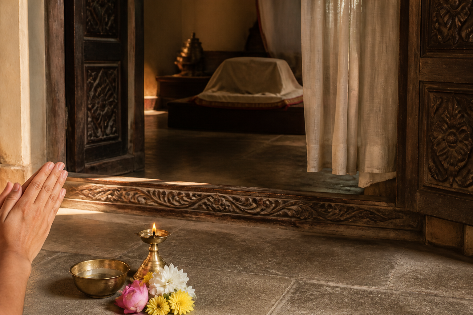 Joined hands face a simple lamp, water bowl, and flowers in the foreground, while covered ritual implements remain beyond a wooden threshold in the background.