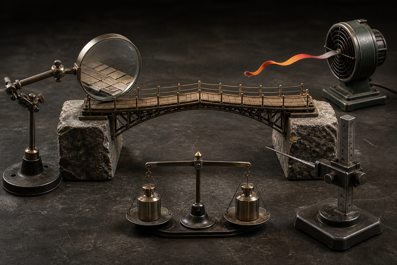 Four inspection tools test different parts of a miniature bridge spanning two separate stone blocks.