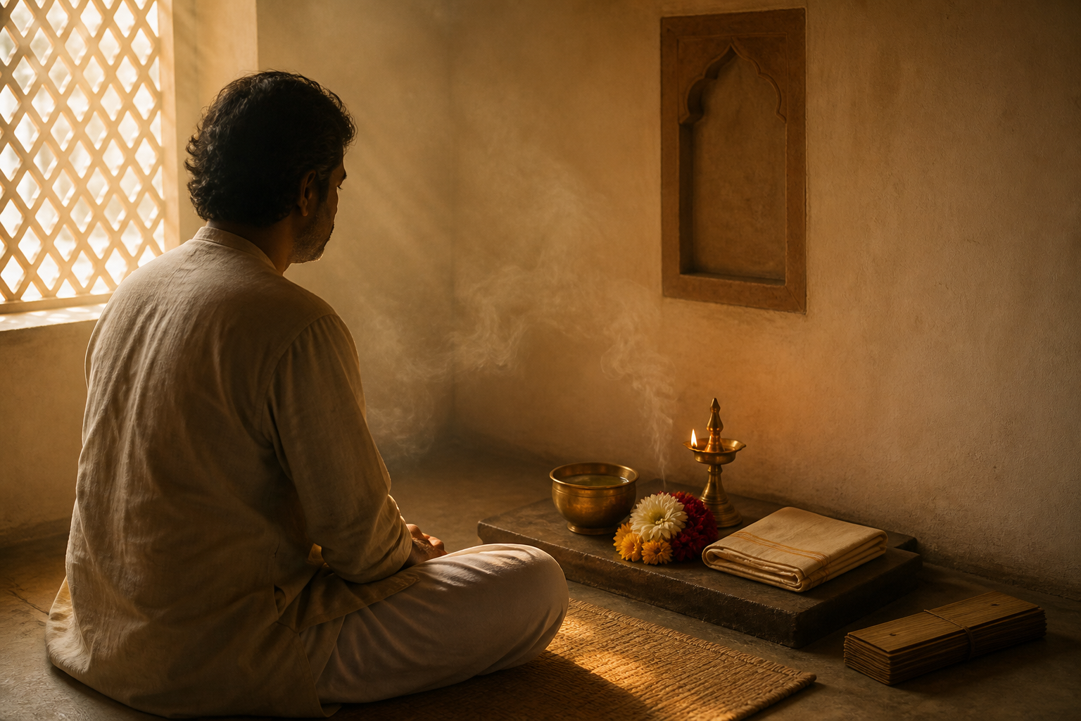 A seeker sits quietly at dawn before a simple home shrine with an oil lamp, water, flowers, and a closed palm-leaf manuscript nearby.