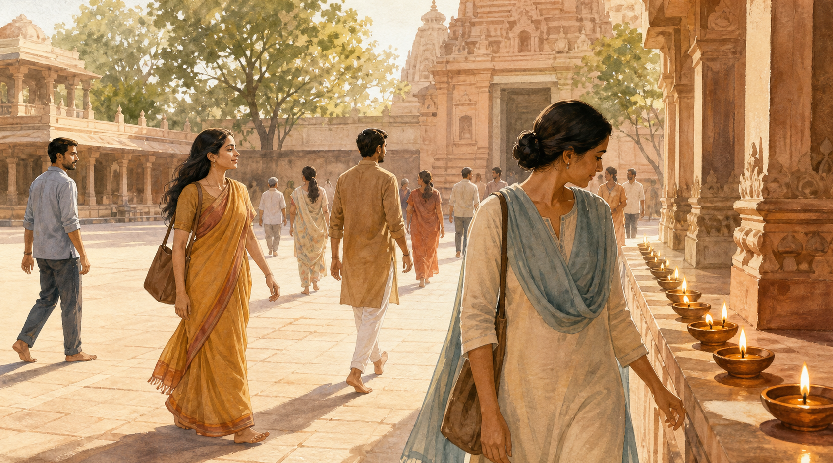 Adults in varied clothing cross a sunlit temple courtyard as one person redirects their gaze toward a row of oil lamps.