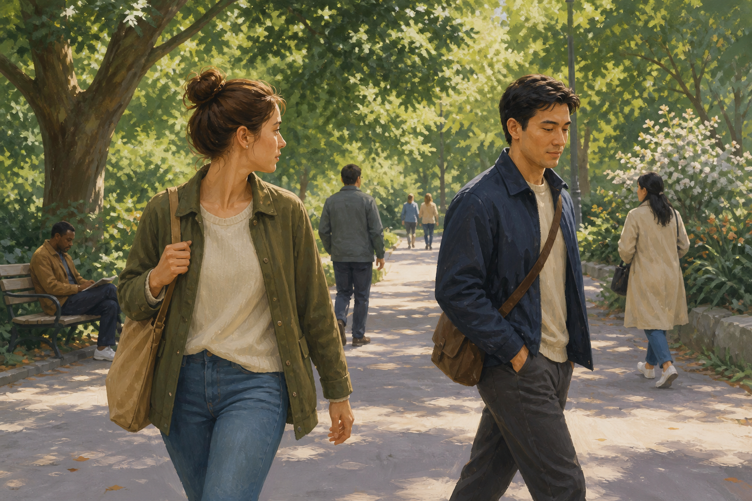 Two adults pass on a garden walkway while one turns their attention from a brief glance toward the path ahead.
