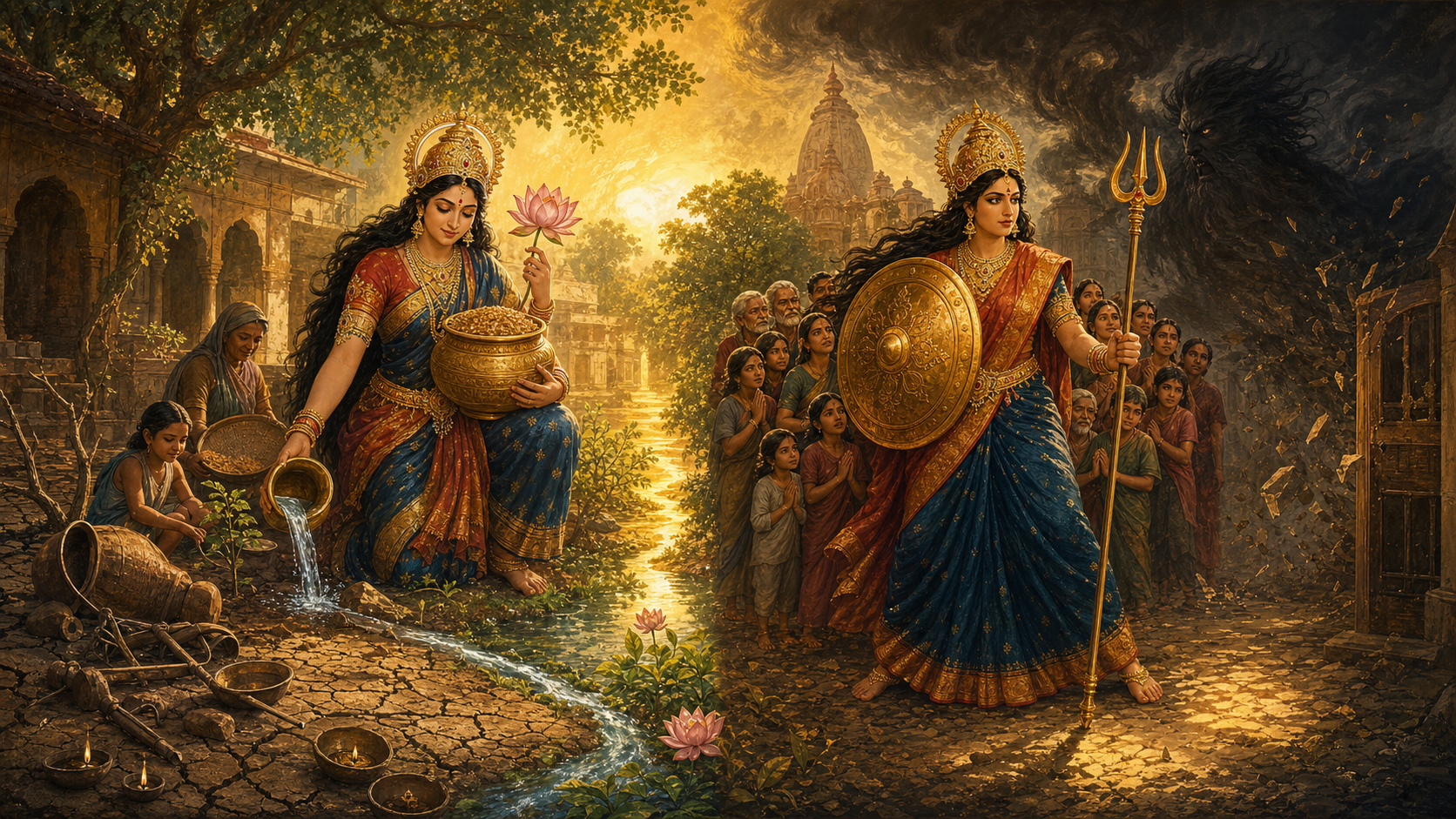 A feminine guardian nourishes a drought-stricken courtyard on one side and uses a shield and trident to protect a community from a shadowy threat on the other.