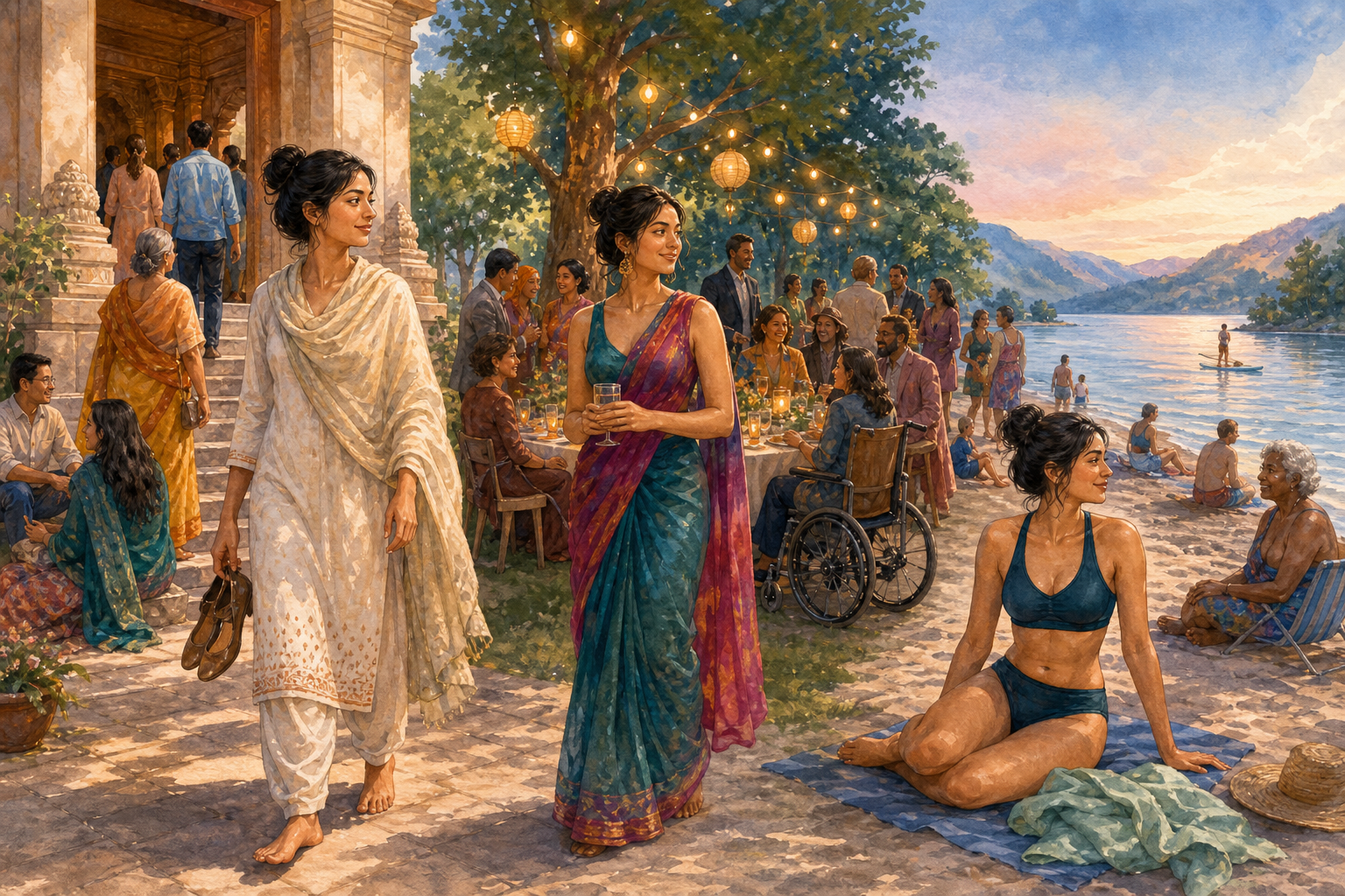 A fictional adult appears in a temple courtyard, at an evening celebration, and beside a lake in clothing suited to each setting.