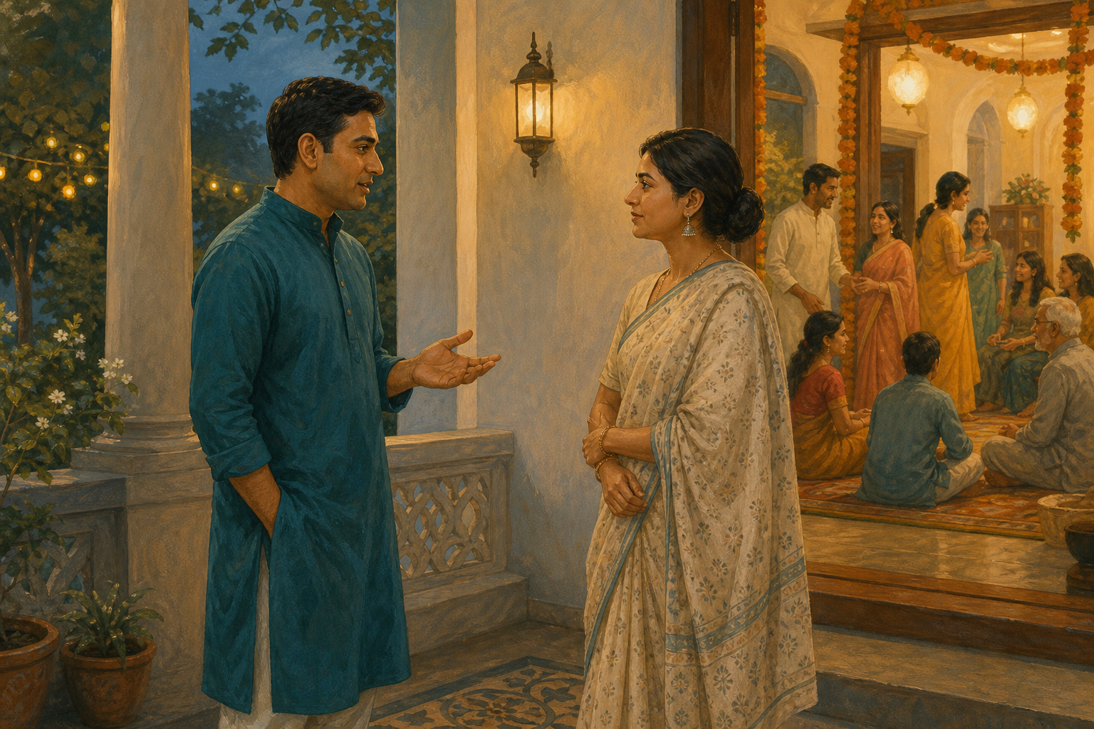 Two adults have a calm private conversation on a veranda while a family celebration continues inside.