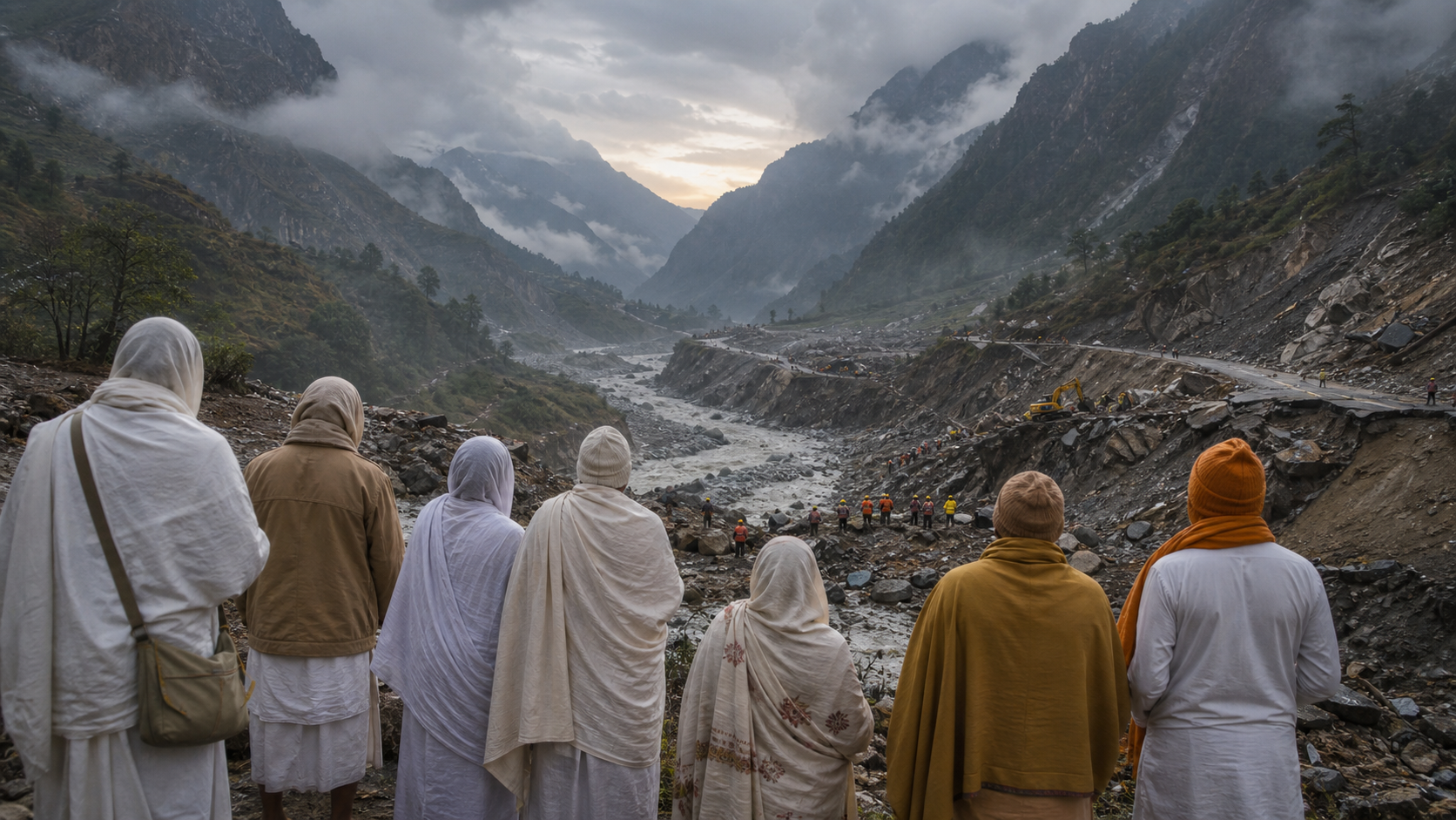 Vaishnava pilgrims and local residents look across a flood-damaged Himalayan valley as rescue teams search near a swollen river and broken mountain road.