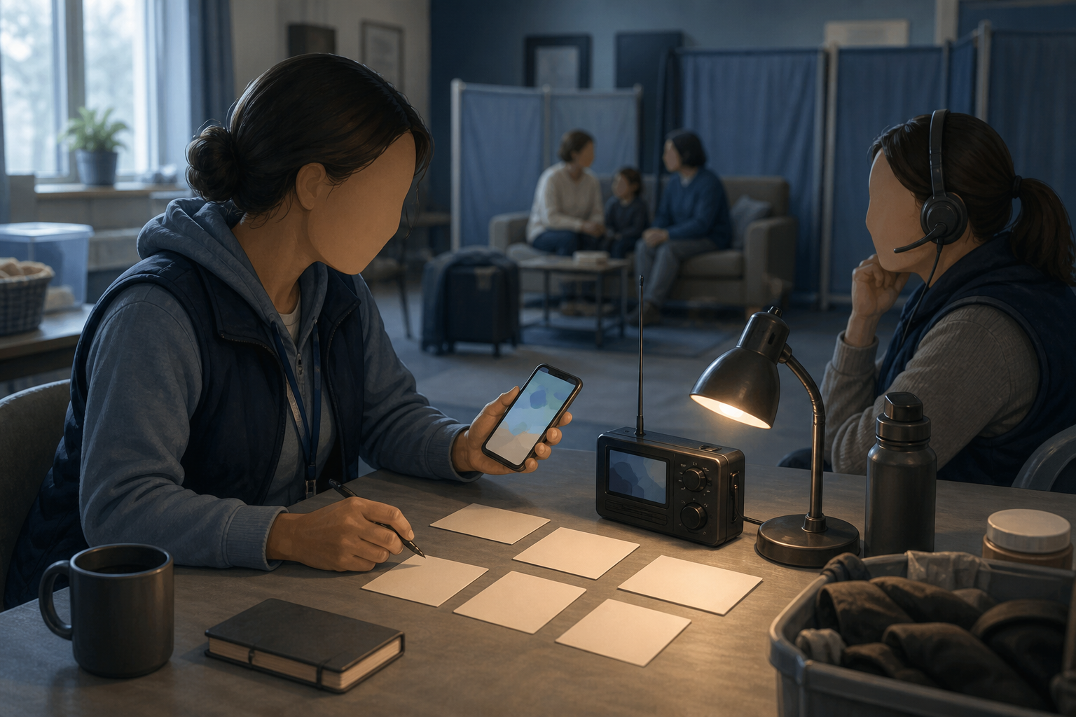 Two community volunteers carefully compare information from a phone and radio in a quiet coordination room while a private seating area remains in the background.