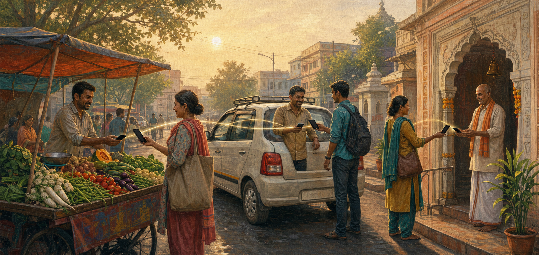 Vegetable seller, taxi driver, and temple caretaker receive phone payments in a connected Indian streetscape.