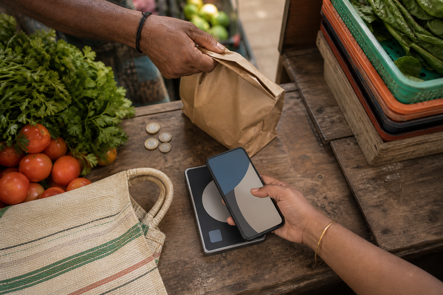 A customer uses a smartphone to pay a vegetable vendor across a busy neighborhood market counter.
