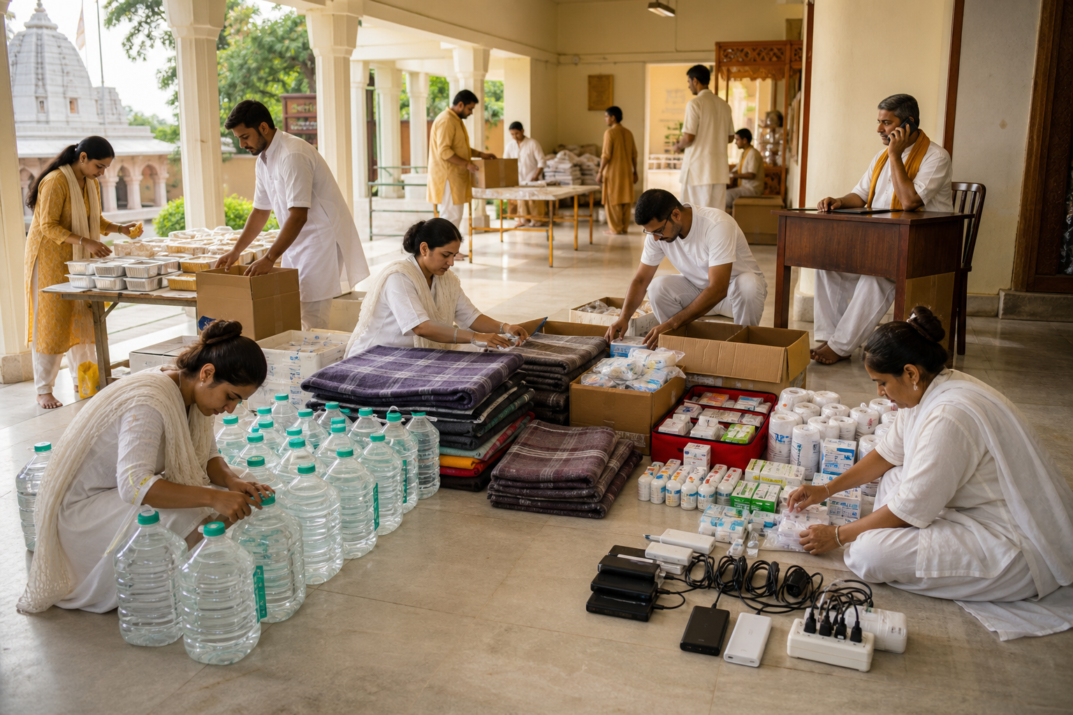 Community volunteers organize water, blankets, food parcels, and first-aid supplies while a coordinator verifies a phone call at a nearby desk.