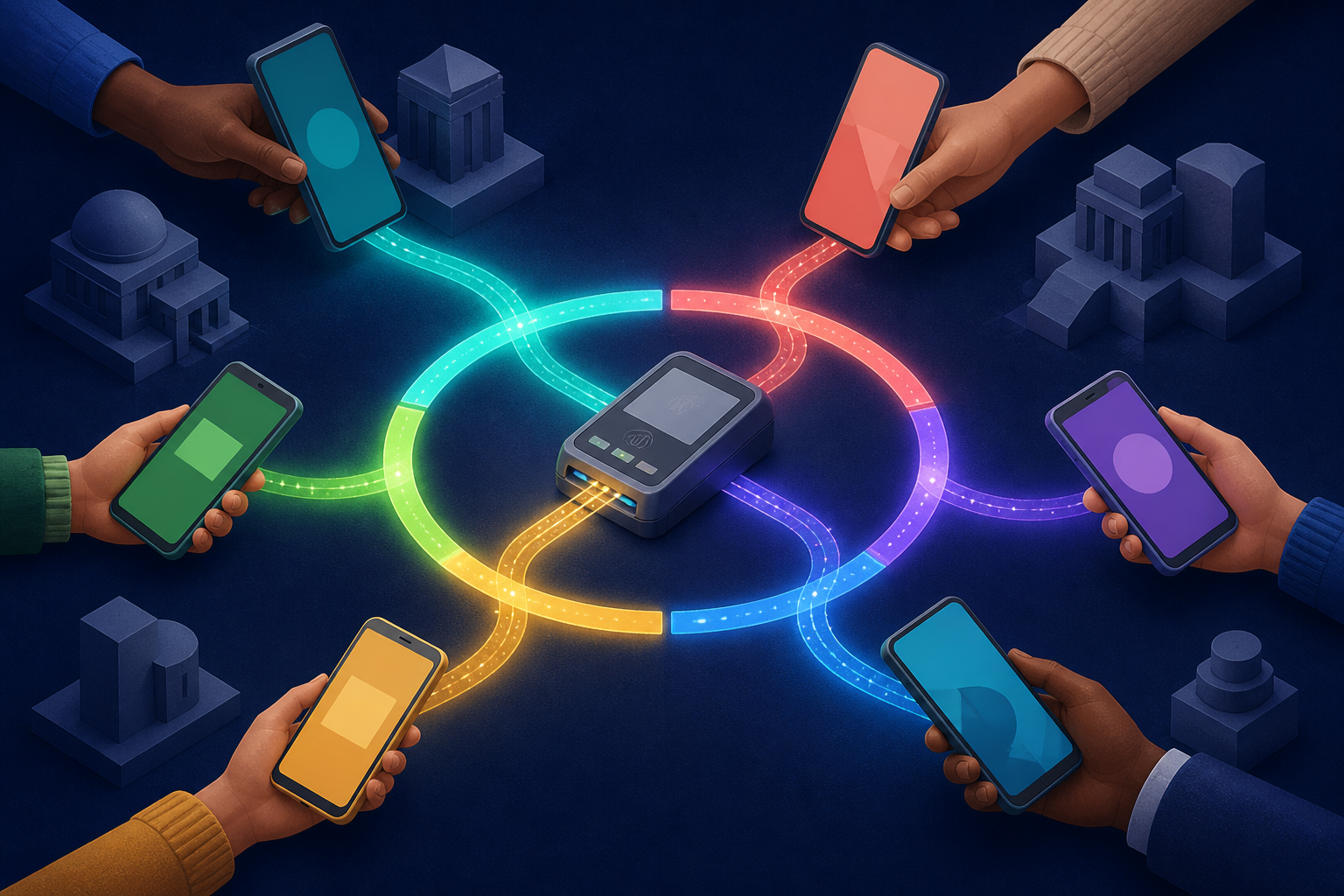 Different unbranded phones connect through a shared circular network to one merchant payment device.