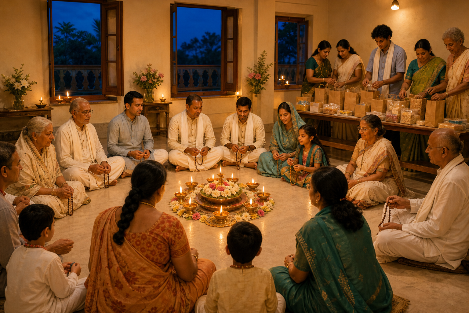 A multi-generational Vaishnava community prays in a circle around oil lamps while volunteers prepare care packages at a side table.