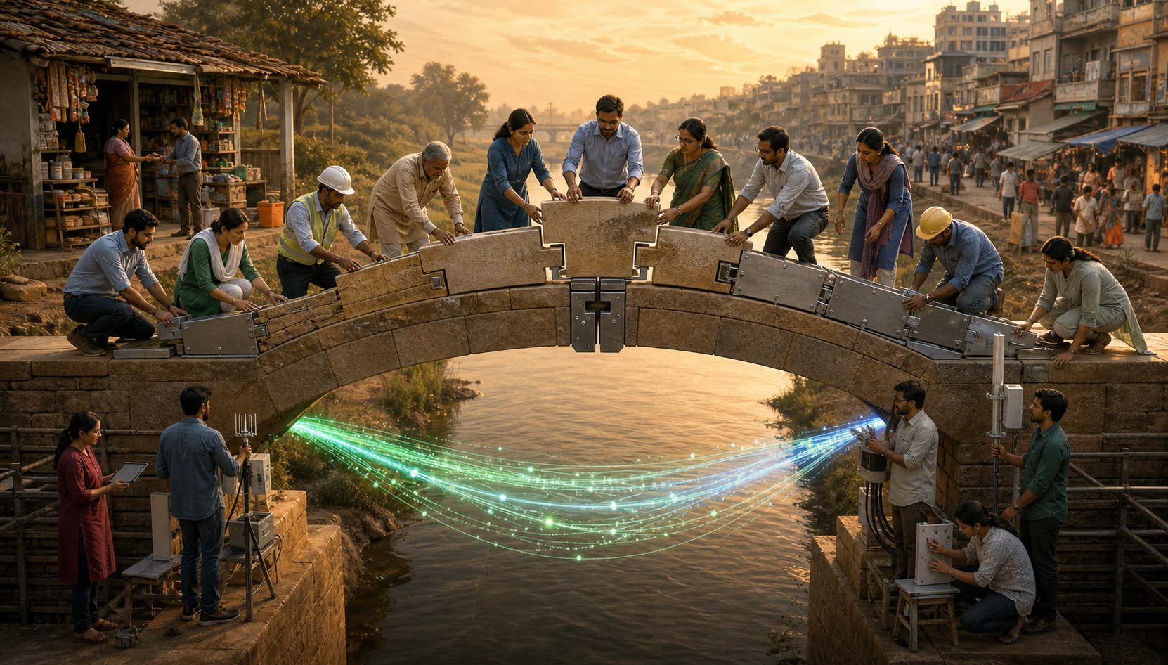Professionals and merchants assemble an interlocking bridge linking a rural shop with a city market.