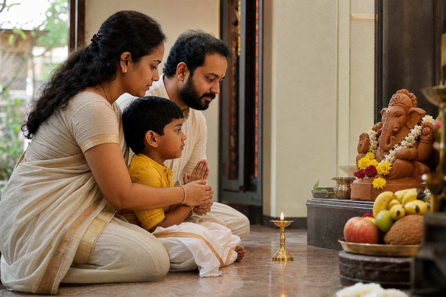 Parents guide their child in prayer before a small Ganesha shrine and a lit brass lamp at home.