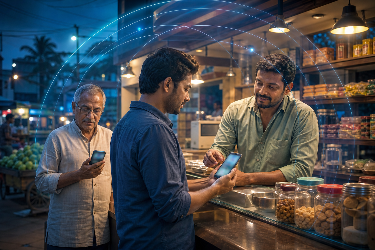 A customer verifies a phone payment with a shopkeeper beneath a subtle protective network canopy.